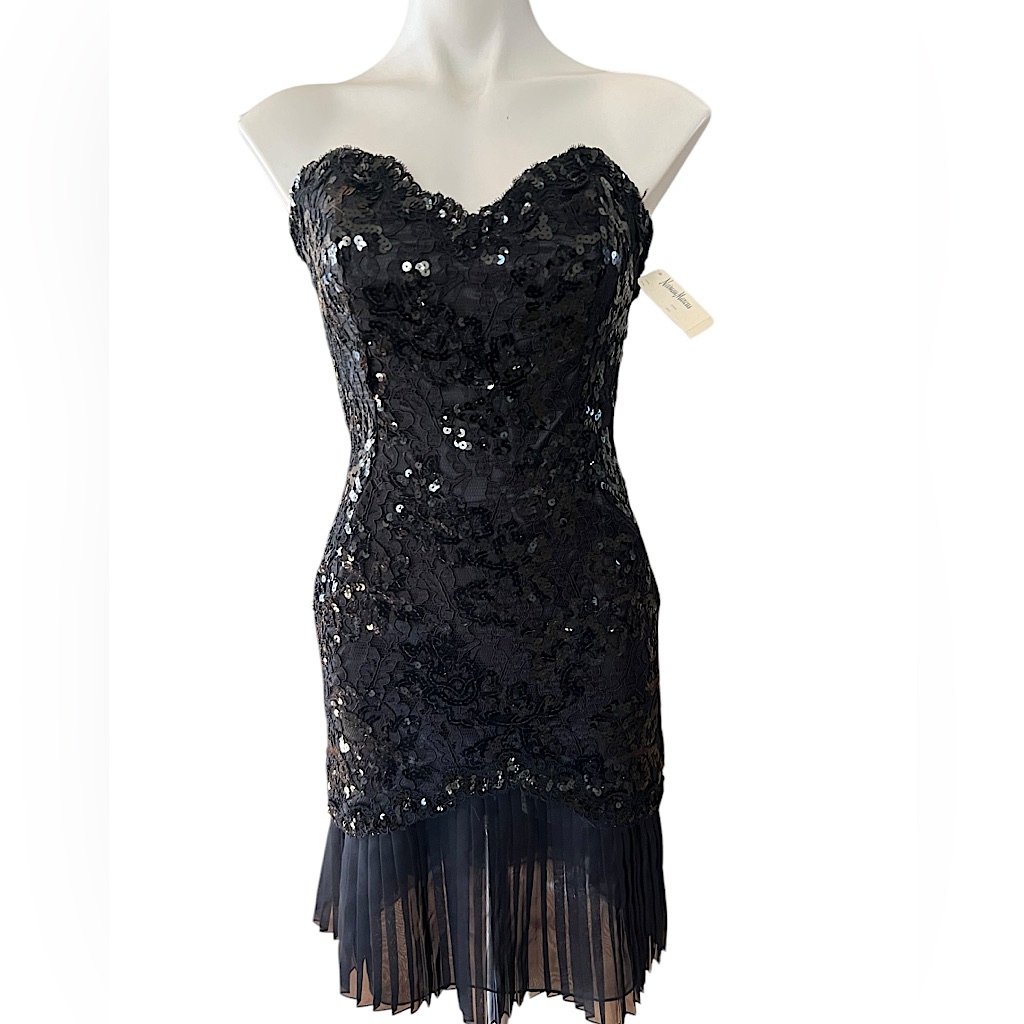 Julie Duroche Vintage For After 5 Strapless Black Pleated, Mini Dress Size 6